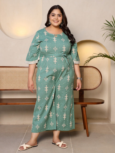 Jashvi Sage Green Geometric Printed Cotton Flex Jumpsuit With Zip Closure